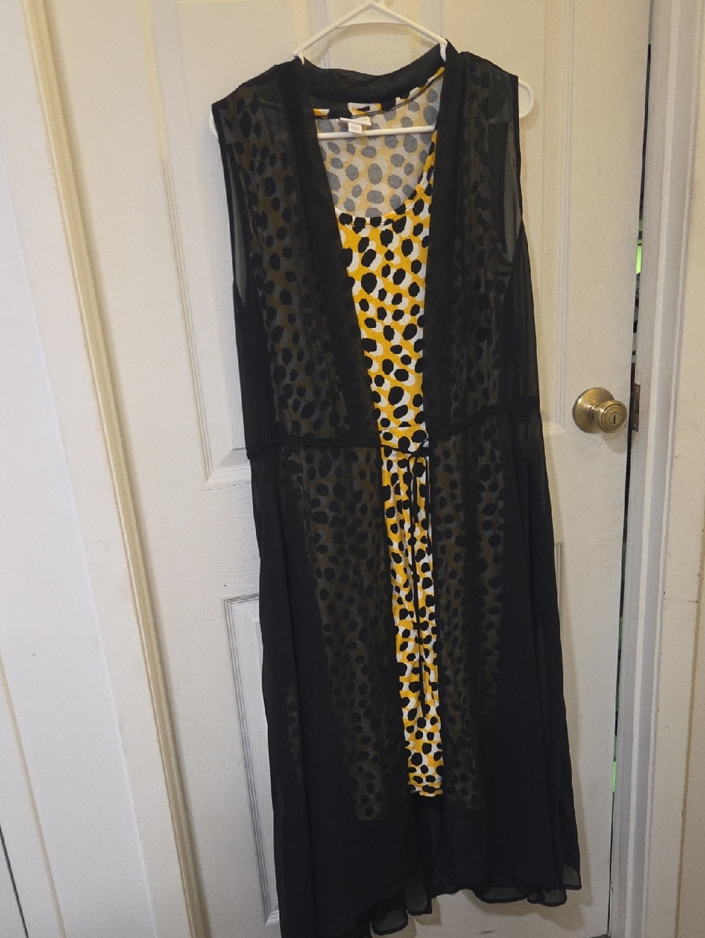 LuLaRoe Midi  Yellow Polka Dot Dress with Black Accents And Sheer Coverup